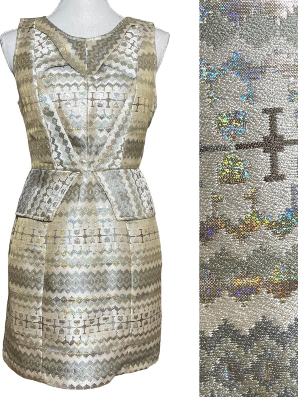 Sugarlips Metallic Brocade Dress S Peplum Gold Silver Sparkle Mini Aztec Tribal